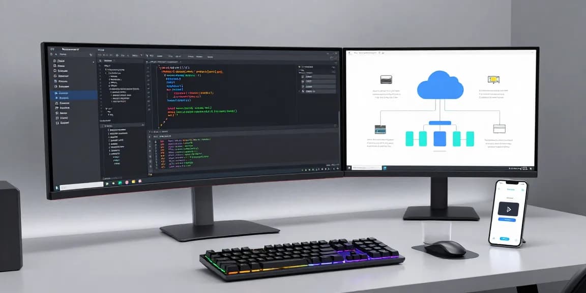 tk88 software development workspace showcasing cloud computing systems and AI technology on multiple monitors.