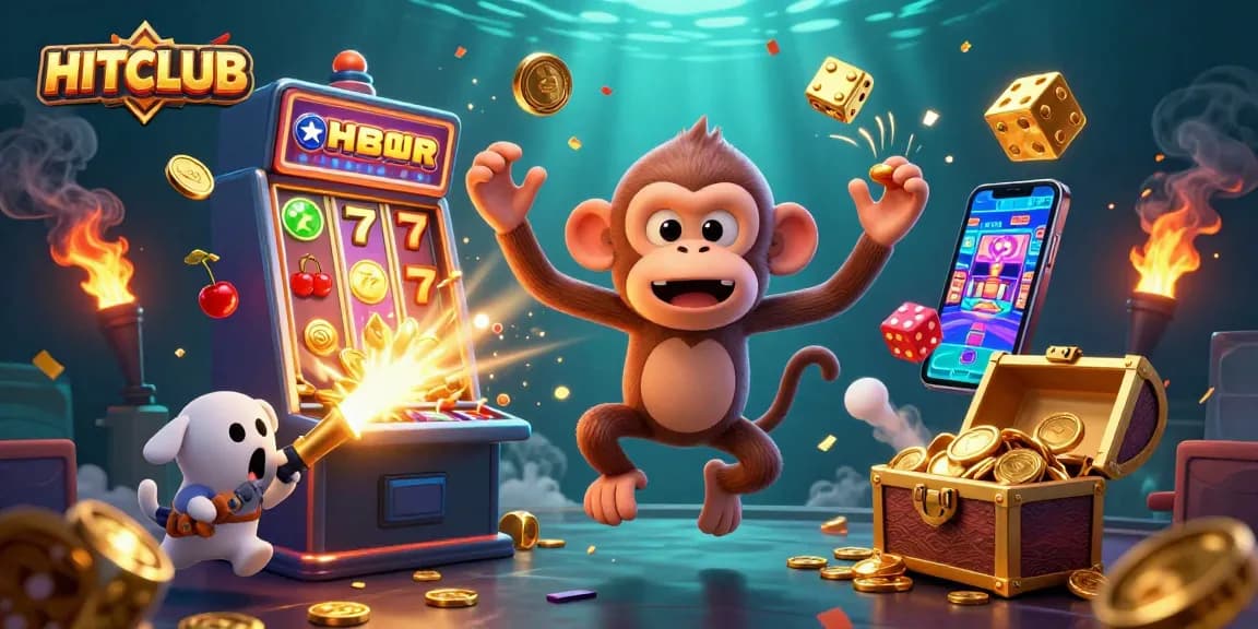 HITCLUB's vibrant casino scene features a playful monkey juggling gold while a ghost-hunter puppy tracks it.