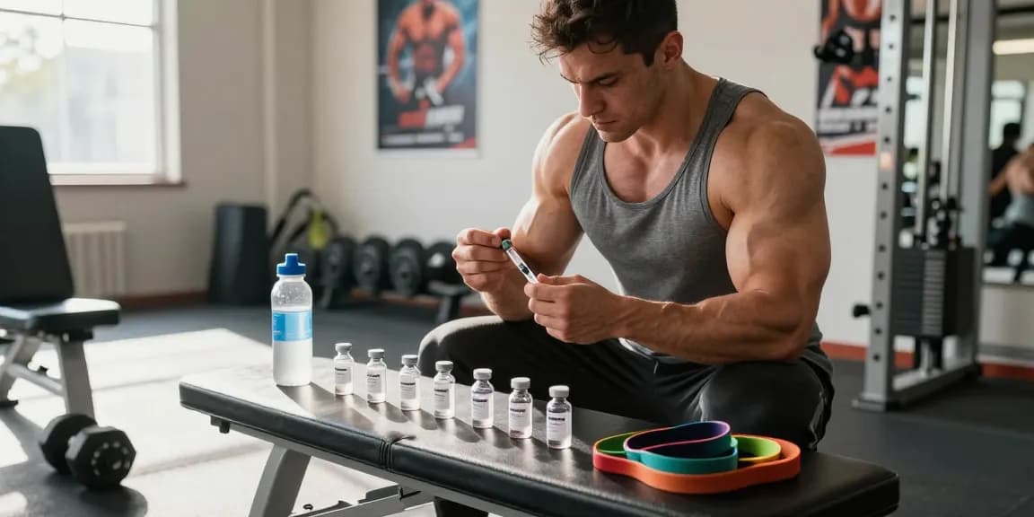 Kraftsportler in einem Anabolika-Shop-Fitnessstudio bereitet injizierbare Steroide mit Vials vor.