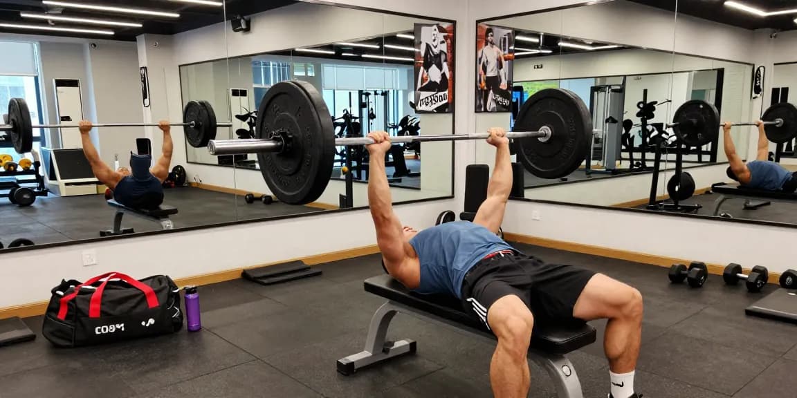 Utinon Steroids Shop: Athlet beim Bankdrücken mit hochwertigen Fitnessgeräten im modernen Gym