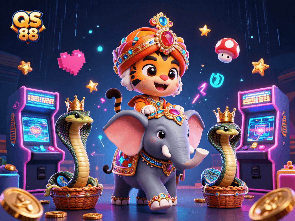 Engage with thrilling QS 88 gaming experiences amid vibrant 3D elements.