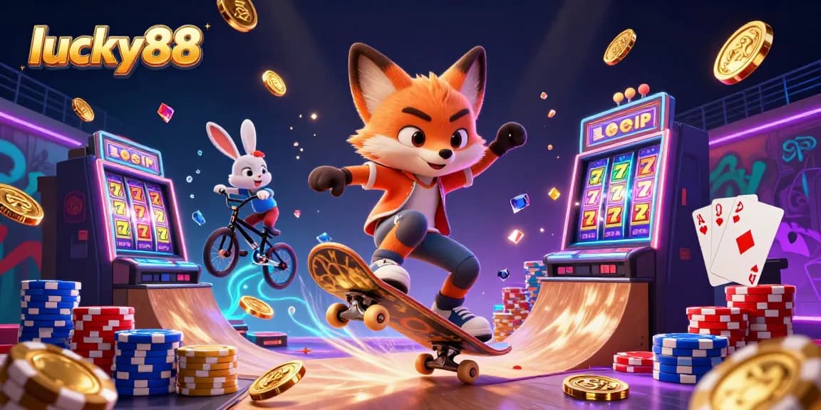 Experience excitement at lucky88 with dynamic characters and vibrant casino elements in a thrilling 3D scene.