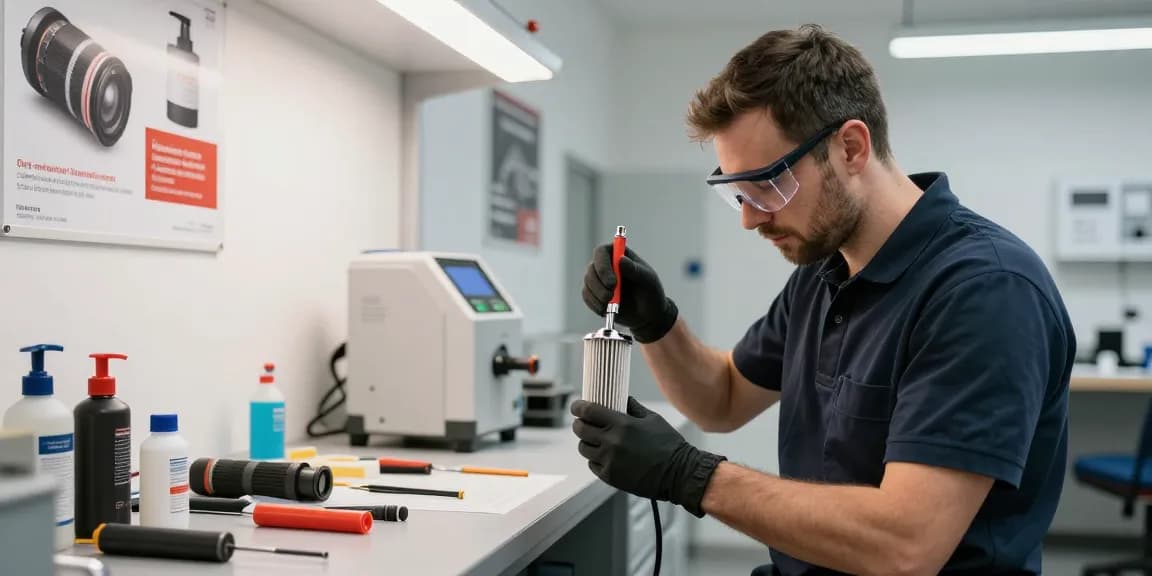 DPF Reinigung Hannover Servicetechniker überprüft den Dieselpartikelfilter in einer modernen Kfz-Werkstatt.
