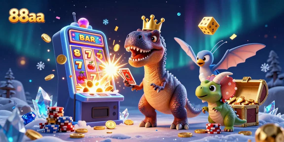 88aa showcases a playful T-Rex shuffling cards while a pterodactyl assists in a vibrant casino scene.