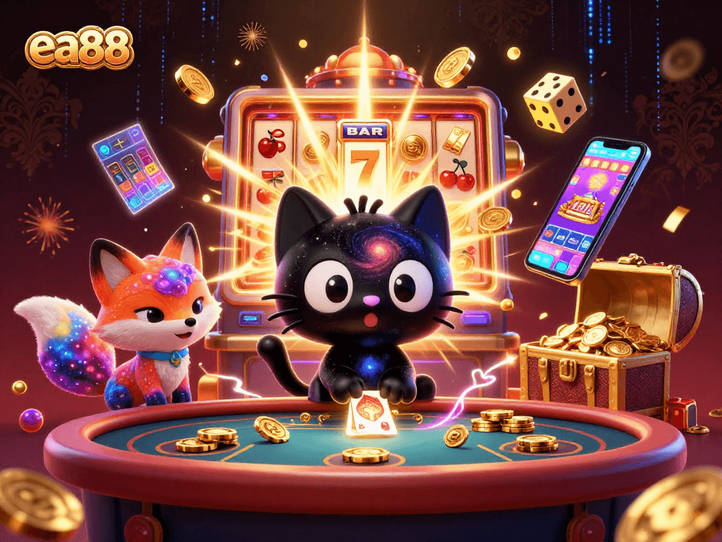 Play exciting casino games at ea88 with vibrant 3D characters, slots, and glowing elements!