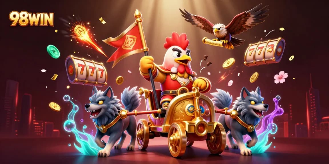 Experience the thrill of 98WIN with a dynamic 3D digital illustration showcasing a rooster warlord in casino action.