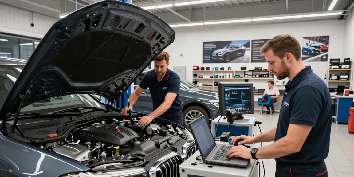 Techniker von BMW Service Hannover, die Fahrzeuge fachkundig in einer modernen Automobilwerkstatt warten.