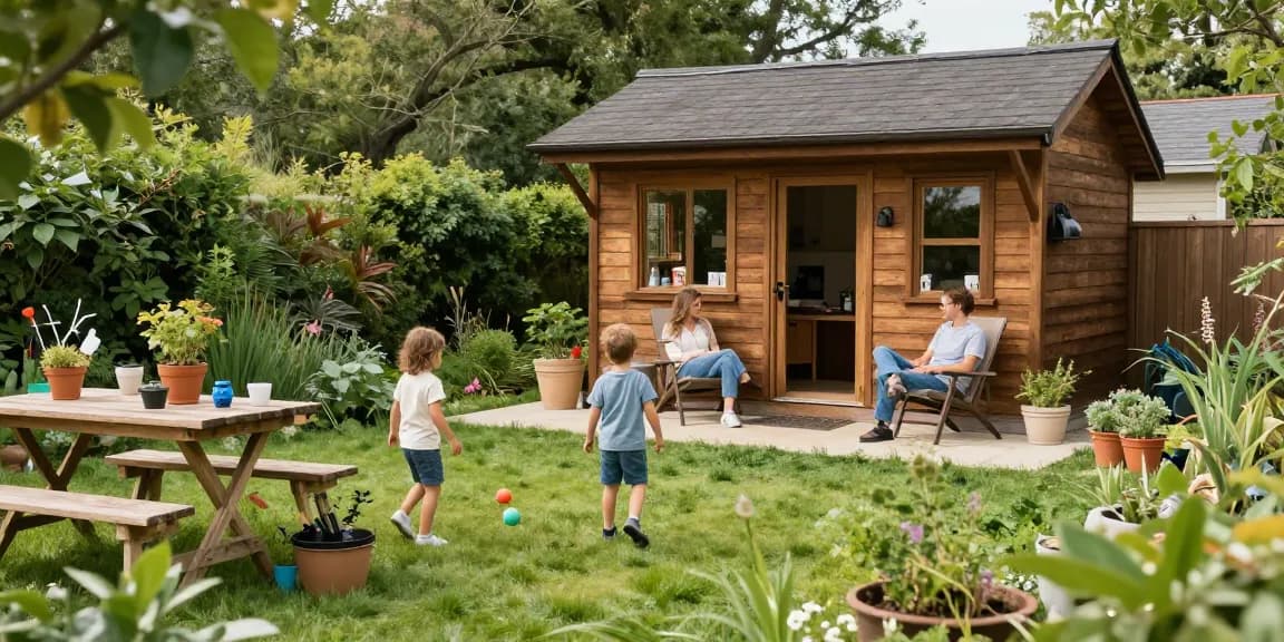 Schönes Gartenhaus in einem gepflegten Garten mit spielenden Kindern und entspannenden Erwachsenen.
