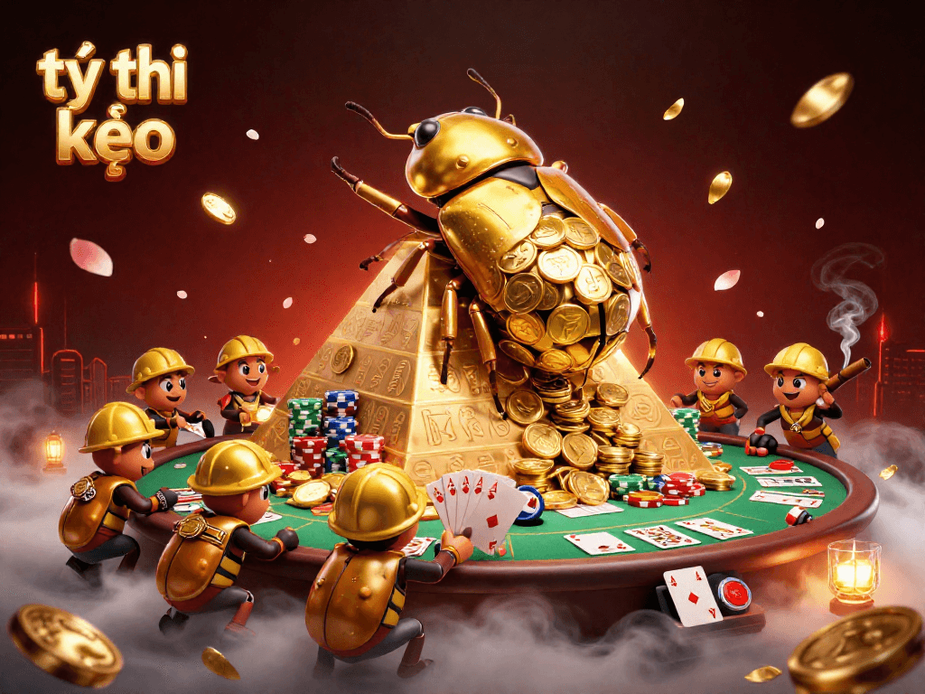 Experience the thrill of tỷ lệ kèo through a vibrant 3D casino scene with golden beetles.