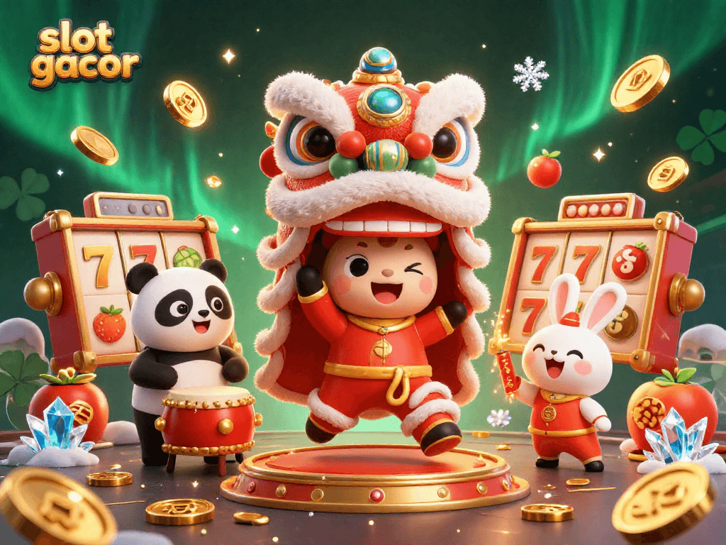 Experience slot gacor excitement with a vibrant illustration of a lion dance and festive characters!