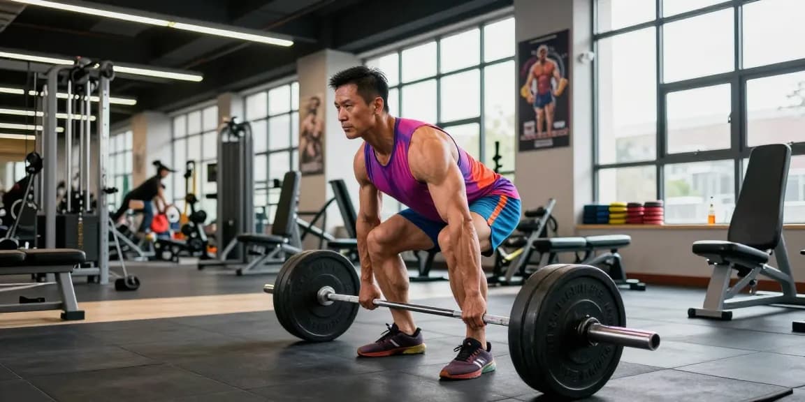 Bodybuilder hebt Gewichte in einem dynamischen Anabolika-Shop-Fitnessstudio.