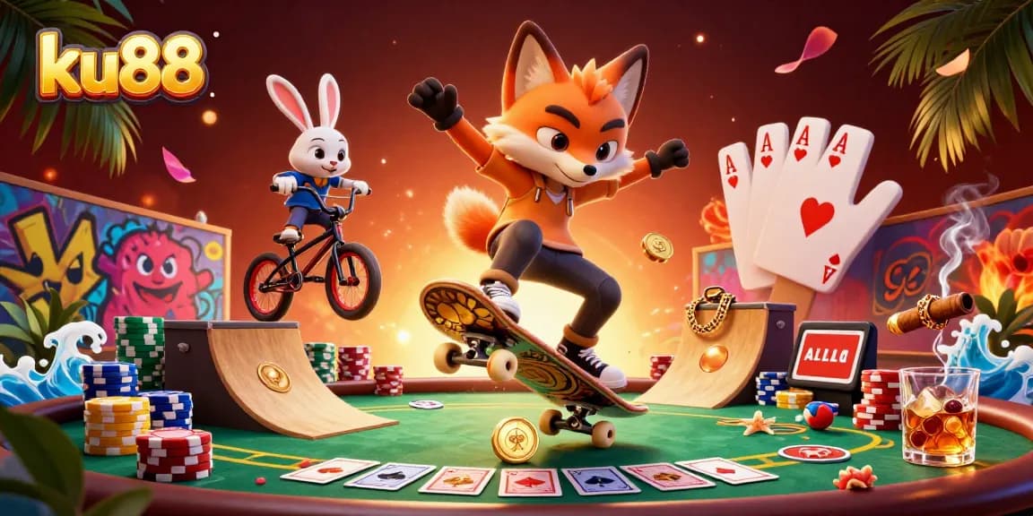 ku88 vibrant casino scene with a skateboarder fox and BMX rabbit showcasing poker elements