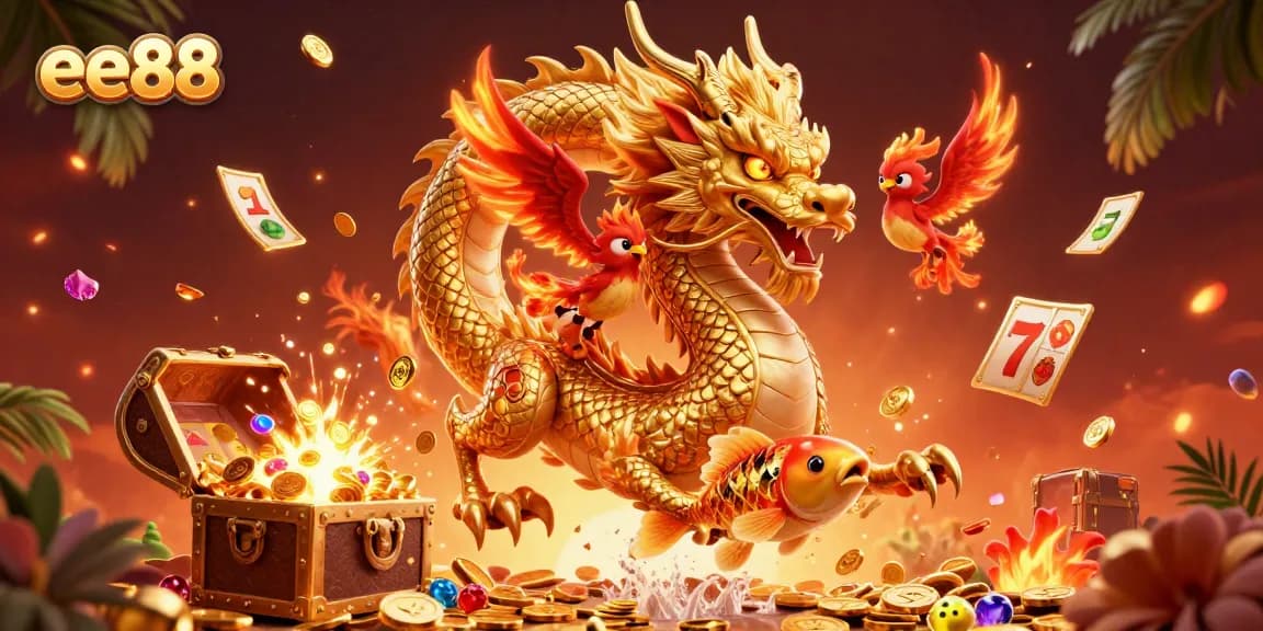 Experience the thrill of ee88 casino games with a vibrant illustration of a dragon and phoenix.
