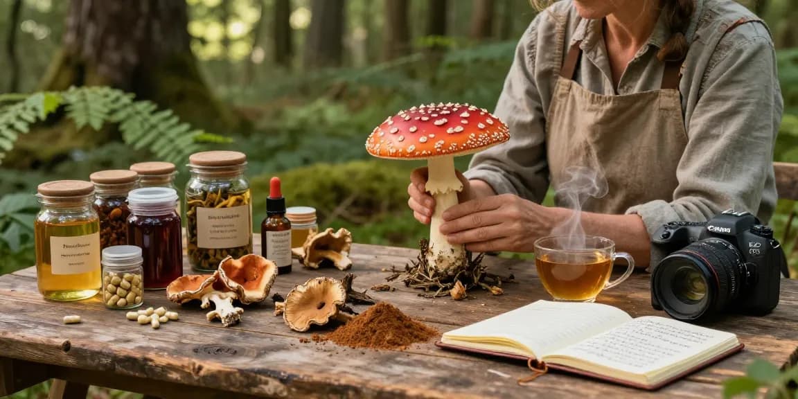 Erfahren Sie, wie man Fliegenpilz mit hochwertigen Amanita Muscaria Produkten in einer ruhigen Waldumgebung bestellt, die das Wissen eines Kräuterexperten zeigt.