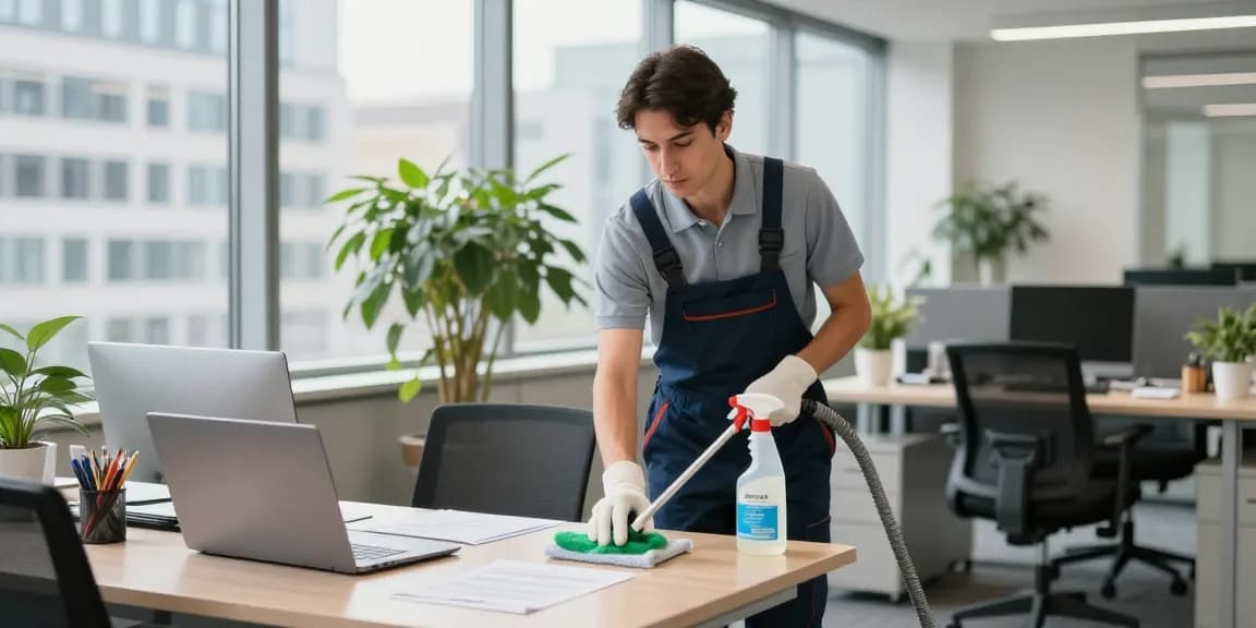 Gebäudereinigung Düsseldorf: Professioneller Reinigungstechniker bei der Arbeit in modernem Büro