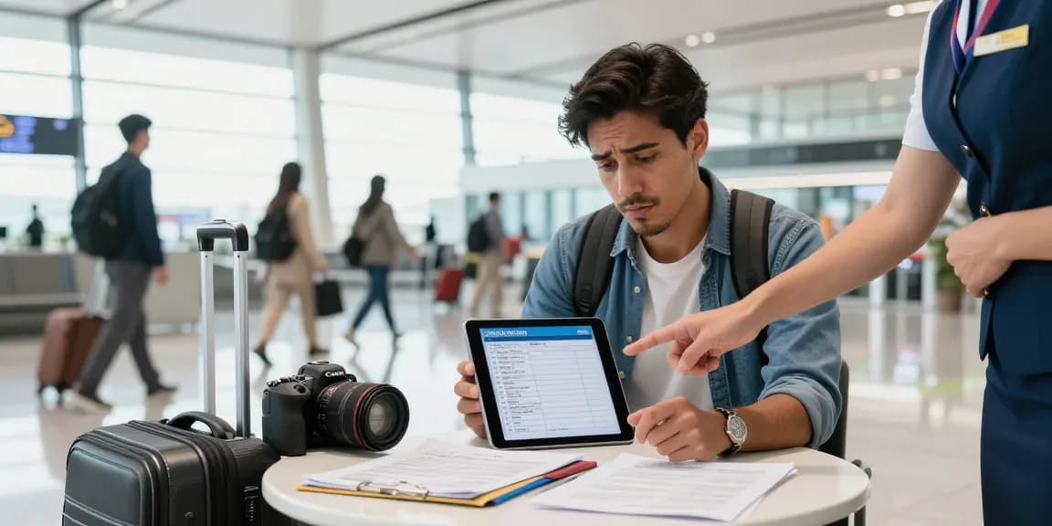 Rechtliche Vorabprüfung vor Reisen: Reisender an Flughafen mit digitaler Checkliste.