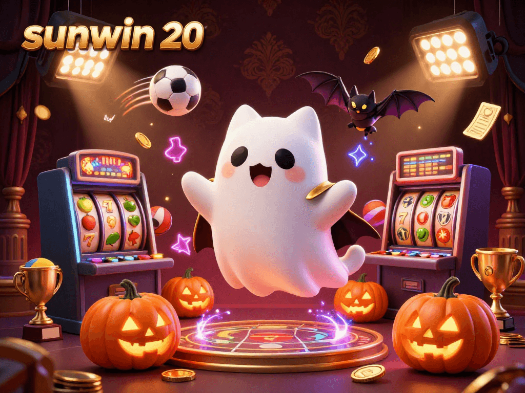 Bet on sunwin 20 amidst a ghostly casino scene filled with lively characters and vibrant elements.