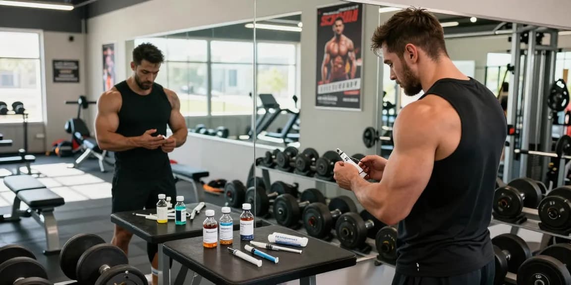An athlete in the Anabolika Shop gym preparing for steroid injection before training, surrounded by fitness equipment and anabolic products.