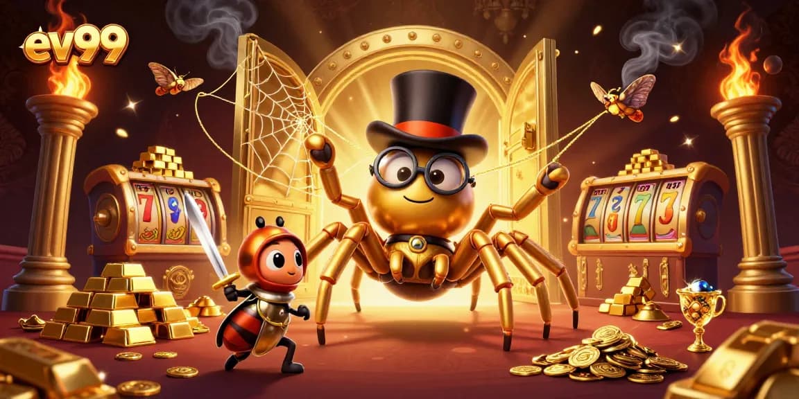 Experience thrilling gameplay at ev99 with a vibrant illustration of a golden tarantula and beetle knight.