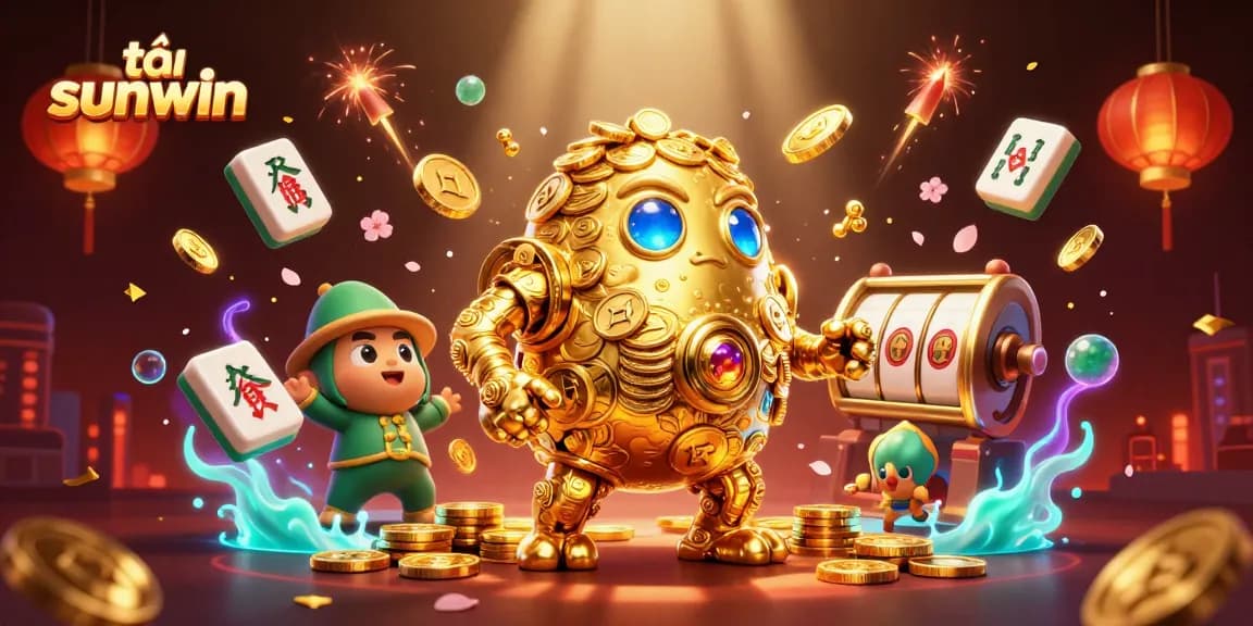Win big at tải sunwin with a vibrant 3D scene featuring a golden golem, slot symbols, and festive elements