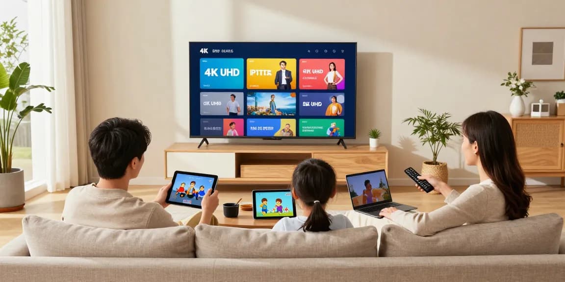 Familie genießt IPTV kaufen in ihrem modernen Wohnzimmer mit 4K UHD Streaming.
