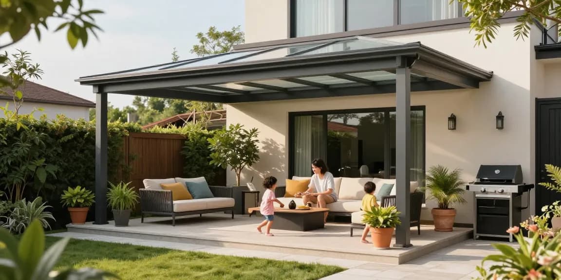 Moderne Terrassenüberdachung mit Familie im Garten genießen.