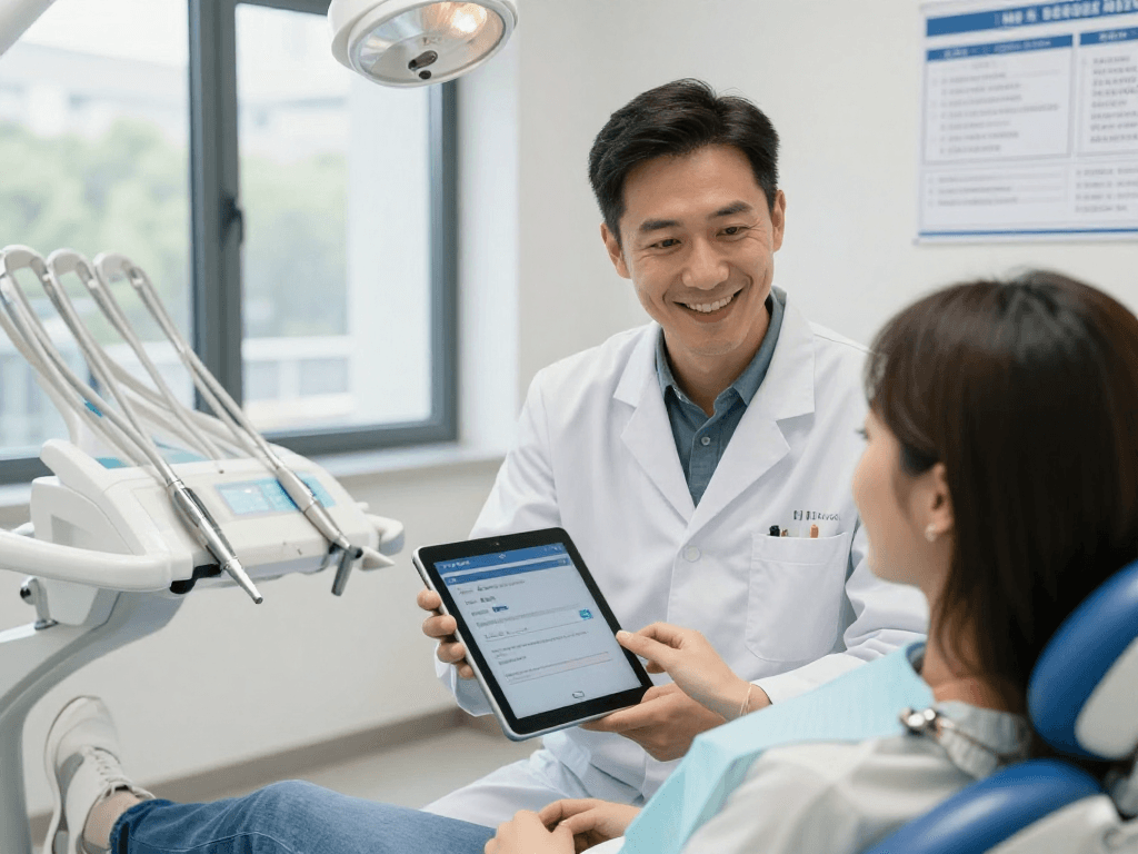 Engaging dentist-patient interaction highlighting Datenschutz und Zahnarztpraxen in a modern dental setting.