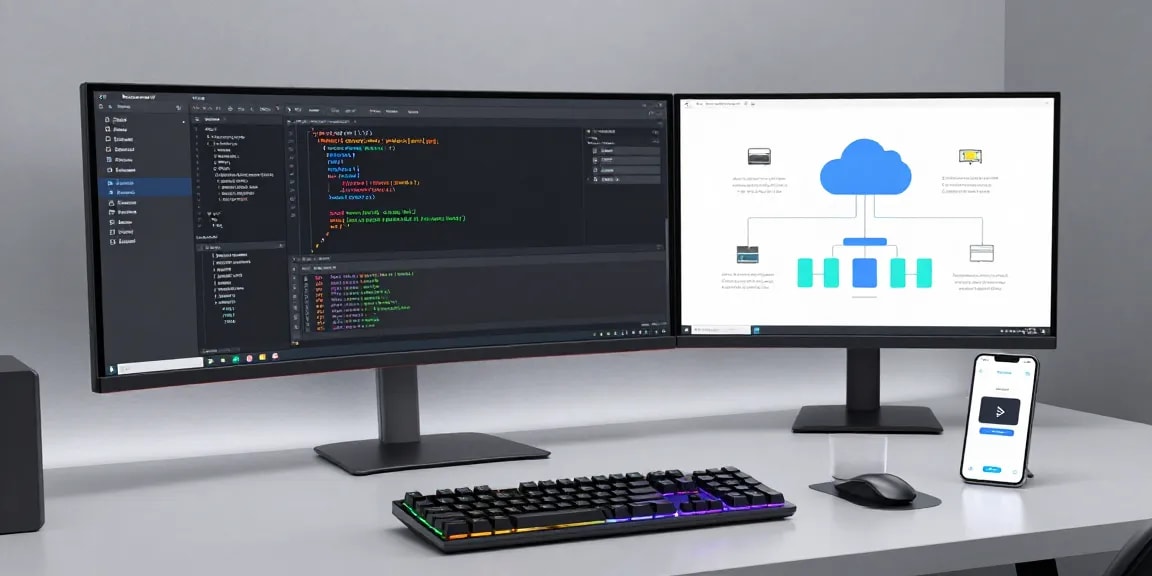 tk88 software development workspace showcasing cloud computing systems and AI technology on multiple monitors.