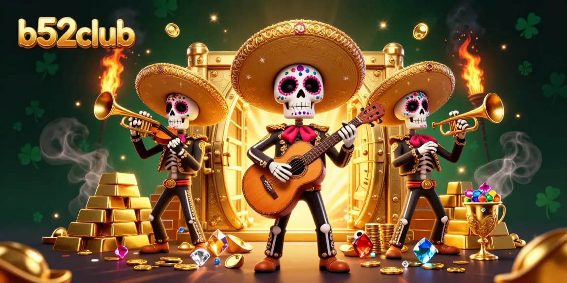 Explore exciting wins at b52club with a vibrant casino-themed 3D illustration featuring mariachi skeletons.