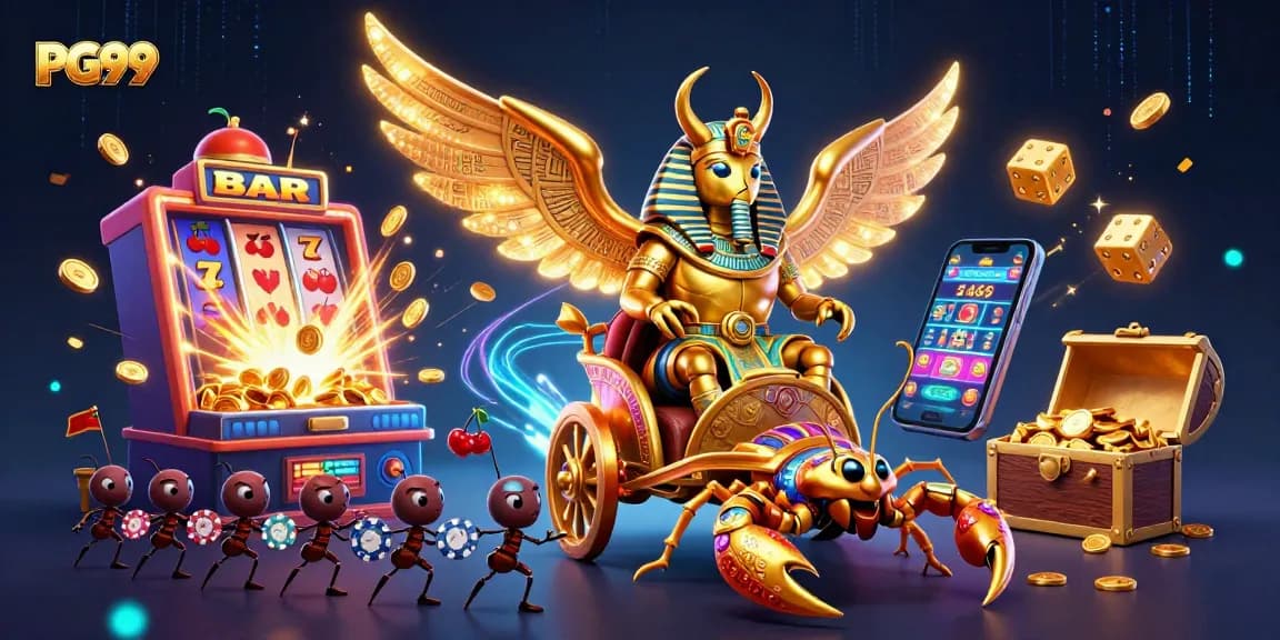 Experience the thrilling world of PG99 with a glowing scarab beetle and dynamic casino game elements