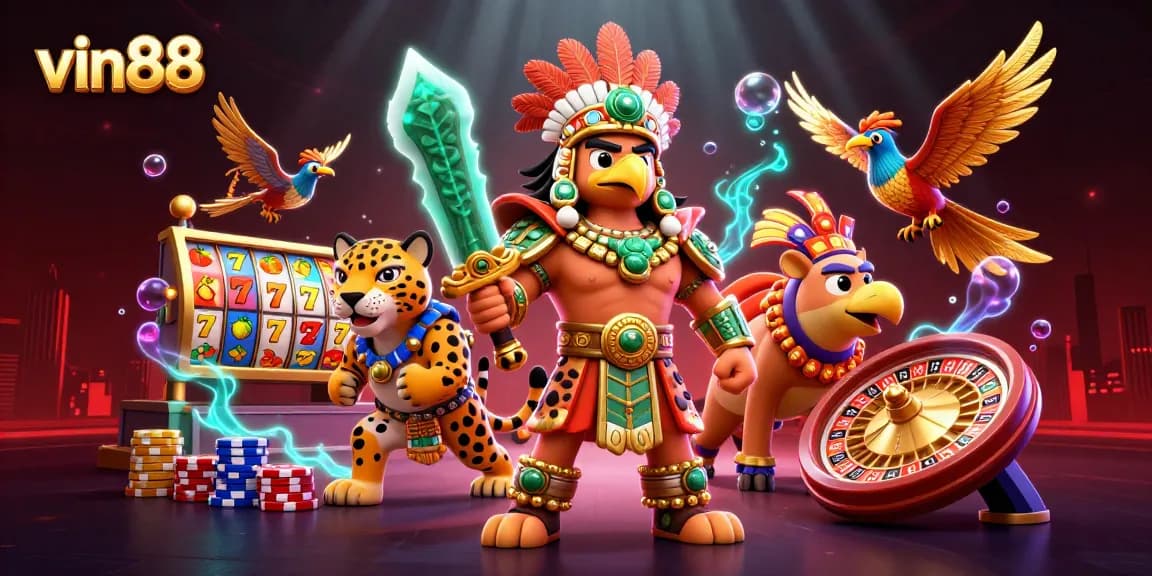 Experience the thrill of vin88 with a vibrant 3D scene featuring Aztec warriors, slot reels, and poker elements.