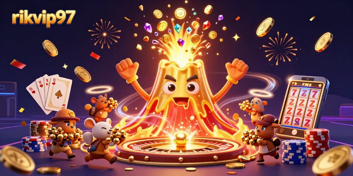Experience thrilling wins with rikvip97 amidst golden coins and sparks in a vibrant casino scene.