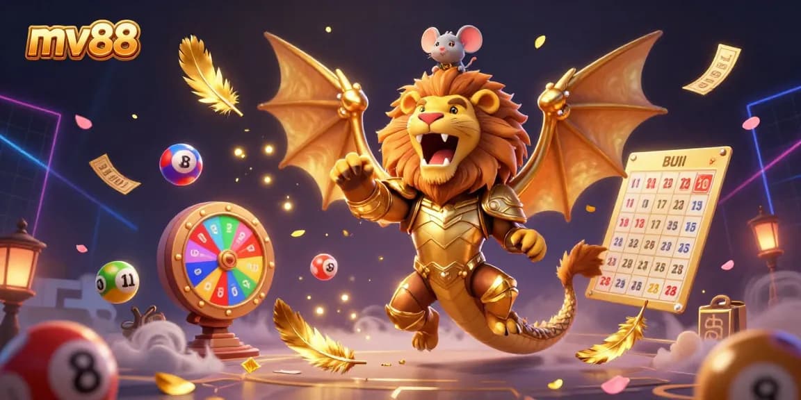 Experience exciting lottery gameplay with mv88, featuring a roaring chimera in golden armor and dynamic game elements.