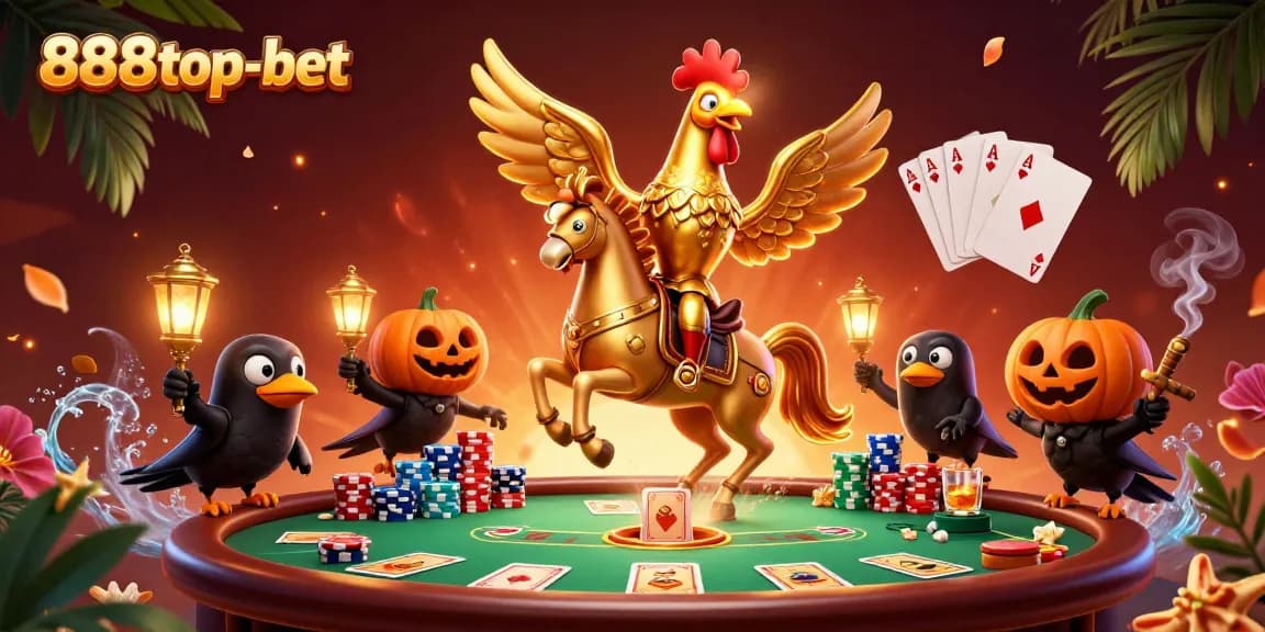 Play poker at 888top-bet with thrilling action as the golden rooster ventures through a midnight casino.