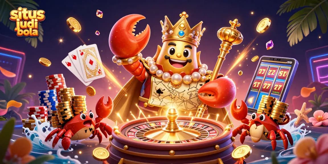 Engaging situs judi bola scene showcasing a golden crab emperor amidst casino elements, embodying excitement and strategy.
