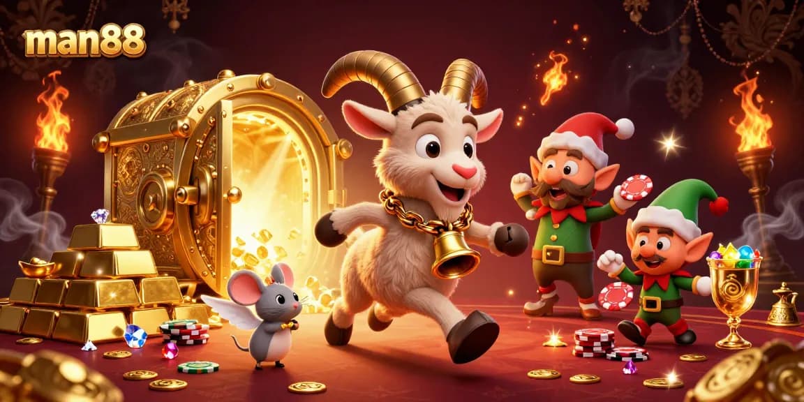 Experience the thrilling man88 casino scene with Krampus, an angel mouse, and mischievous elves in action.