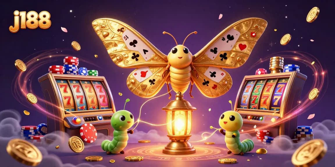 Experience thrilling j188 action with vibrant slot machines, golden moth, and casino treasures.