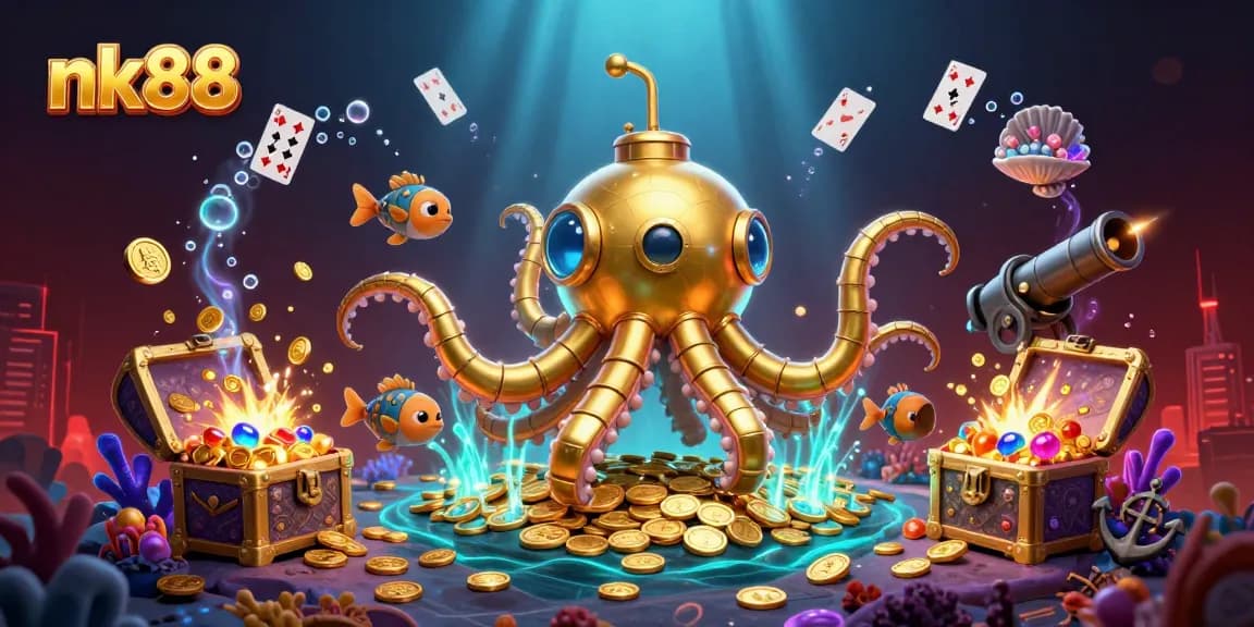 nk88 immerses players in a vibrant underwater casino adventure with a golden kraken submarine.
