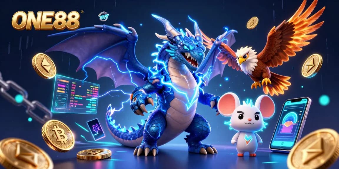 Engage with ONE88's electrifying online gaming experience, featuring dynamic characters and crypto elements.