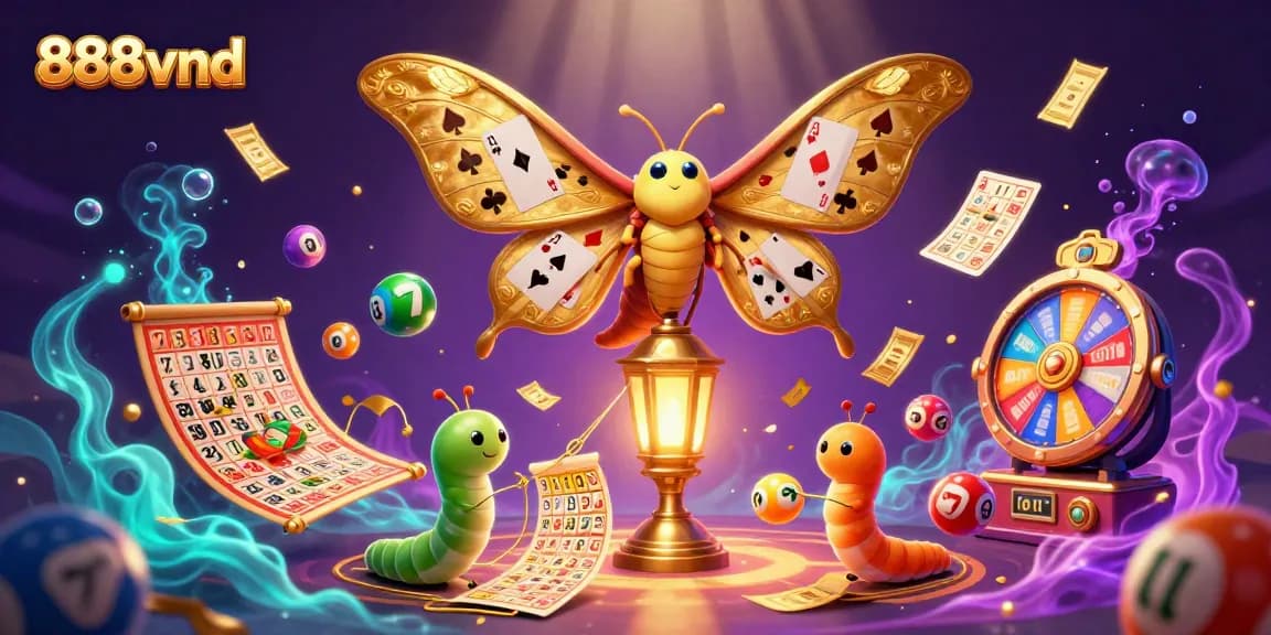 Immerse in 888vnd's lively casino scene featuring vibrant slot games and golden moth characters.