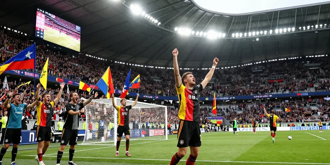 Fußball Deutschland: Spieler jubelt im Stadion vor begeisterten Fans während eines wichtigen Spiels.