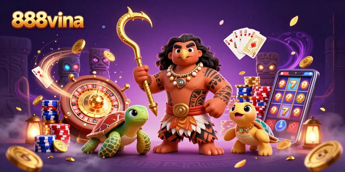 Experience thrilling gameplay at 888vina with vibrant casino illustration featuring Maui-inspired characters.