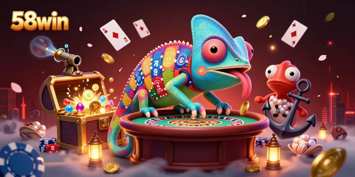 Win big with 58win featuring a colorful casino scene filled with dynamic gaming elements.