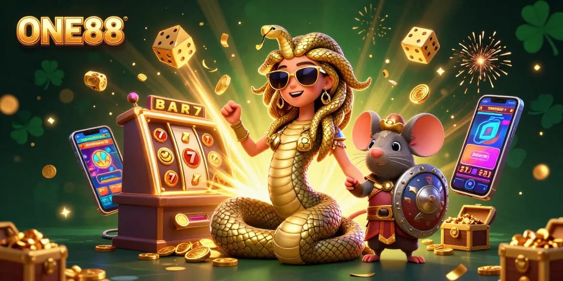 Engage in thrilling games at ONE88 with dynamic visuals of a jackpot scene and lively characters.