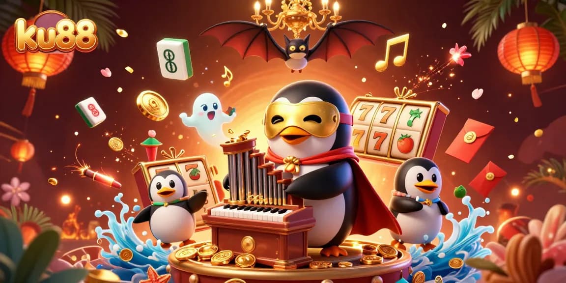 Engage with ku88's dazzling casino world in a vibrant 3D illustration filled with slot reels and gold coins.