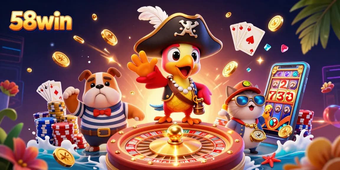 Experience thrilling wins with 58win at this vibrant 3D cartoon casino scene featuring dynamic characters and gaming elements.