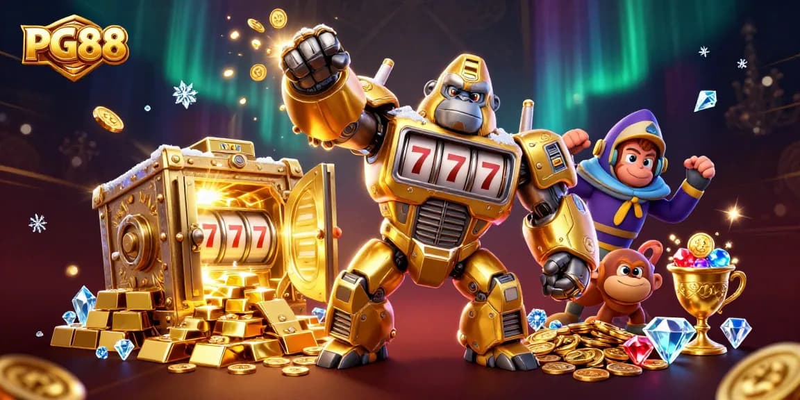 Experience the thrill of PG88 with a dynamic golden gorilla mech amidst riches and casino elements.