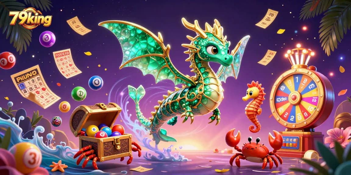 Engage with the vibrant world of 79king, showcasing an emerald sea dragon alongside rich casino elements.