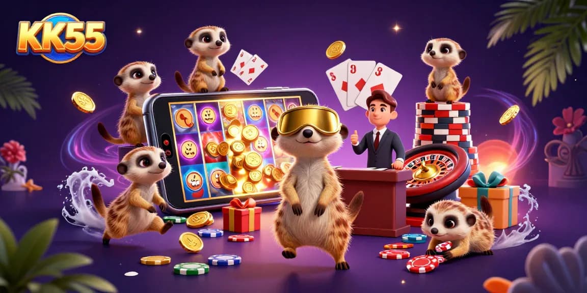 Play exciting games at KK55 with engaging meerkats managing a lively casino operation.