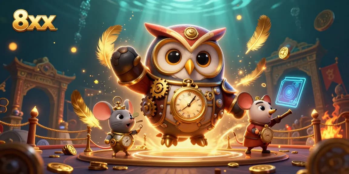 Engage in thrilling gameplay with 8xx, featuring a time-traveler owl in a steampunk casino scene.